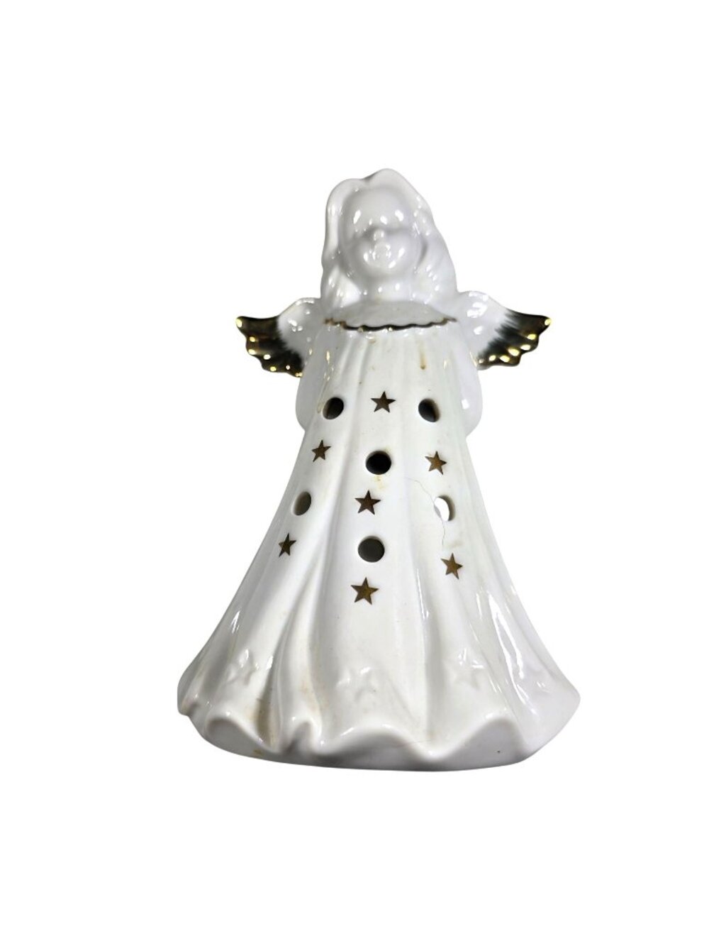 Vtg White Angel Tea Light Holder Gold Accents stars celestial christmas